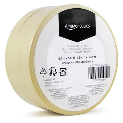 Shows the core product clearly—three rolls of masking tape packaged together—so shoppers can see exactly what they are purchasing. Displays the retail packaging label with AmazonBasics branding,…