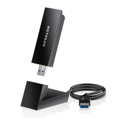 Shows the core NETGEAR USB adapter product along with its included stand and USB cable, giving shoppers a clear view of what they will receive. Demonstrates that the product comes with additional…