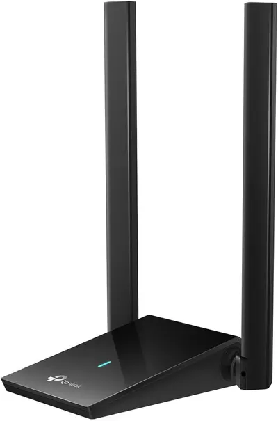 Displays the router with its prominent dual antennas to communicate strong wireless coverage and modern aesthetic appeal to shoppers looking for reliable home networking.