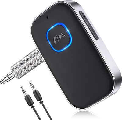 Shows the core Bluetooth audio receiver device with its illuminated LED indicator to communicate its modern design and active connectivity status. Displays the included 3.5mm audio cables and…