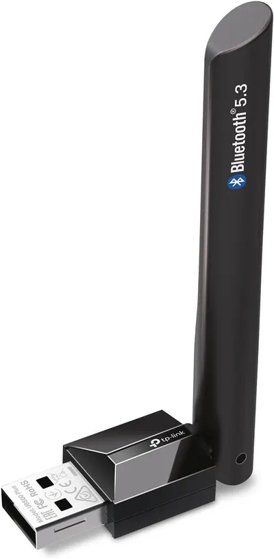 Displays the core product, a TP-Link Bluetooth 5.3 USB adapter with external antenna, showing its physical design and connectivity features to help shoppers understand what they will receive.
