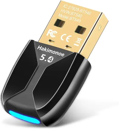 Shows the core product clearly—a Bluetooth 5.4 USB adapter—highlighting its compact form factor and modern design to communicate ease of use and compatibility. Uses a subtle drop shadow to give the…