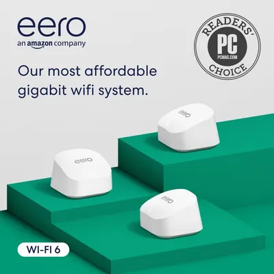 Showcases the eero WiFi 6 mesh system as an affordable, award-winning solution for whole-home gigabit connectivity, emphasizing its value proposition and third-party recognition. Uses a distinctive…