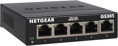 Displays the NETGEAR GS305 5-port network switch clearly on a white background to show the physical product, its ports, LED indicators, and model number for catalog identification.