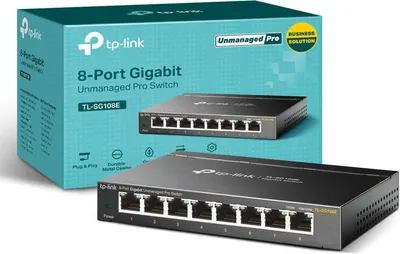 Shows the core product, a TP-Link 8-port gigabit unmanaged pro switch, clearly displaying both the physical device and its retail packaging to help shoppers understand what they will receive.…