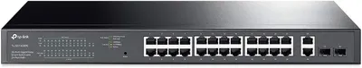 Displays the core product, a TP-Link network switch with multiple ethernet ports, in a clean catalog-style presentation to show shoppers exactly what they will receive. Uses a dark-to-light gradient…