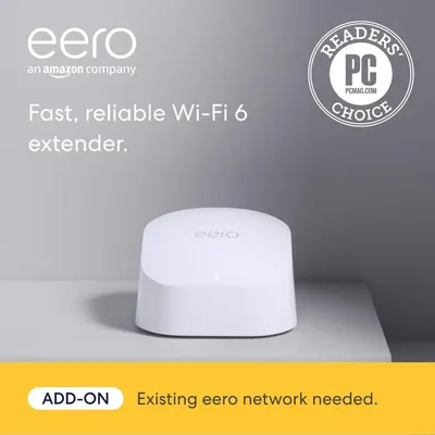 Showcases the eero Wi-Fi 6 extender as a fast, reliable networking solution, reinforced by the PC Mag Readers' Choice award badge to build trust and credibility. Communicates that this is an add-on…
