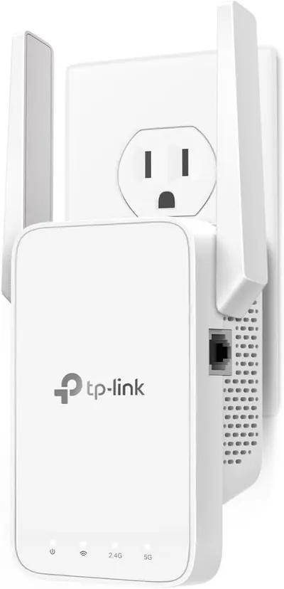 Shows the TP-Link WiFi range extender clearly with its plug-in design, antennas, and dual-band capabilities to help shoppers understand what the product looks like and how it plugs directly into an…