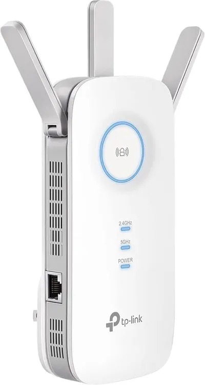 Displays the TP-Link WiFi range extender clearly on a white background, showing its physical design, antenna configuration, indicator lights, and ethernet port to help shoppers understand what they…