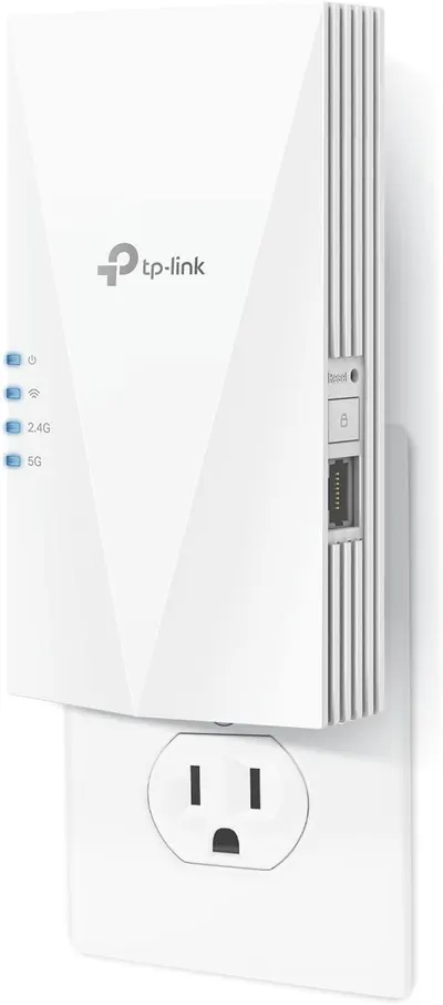 Shows the TP-Link WiFi range extender clearly on a white background, highlighting its compact plug-in form factor, dual-band capability (2.4G and 5G indicators), and key features like the reset…