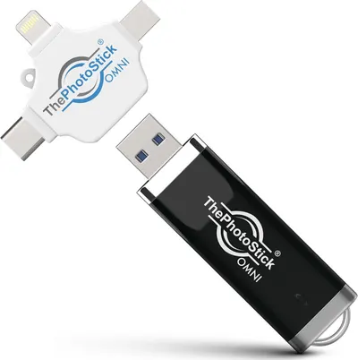 Shows the core product - a multi-connector USB flash drive with various ports (Lightning, USB-C, USB-A) to communicate its universal compatibility across different devices. Displays two color…
