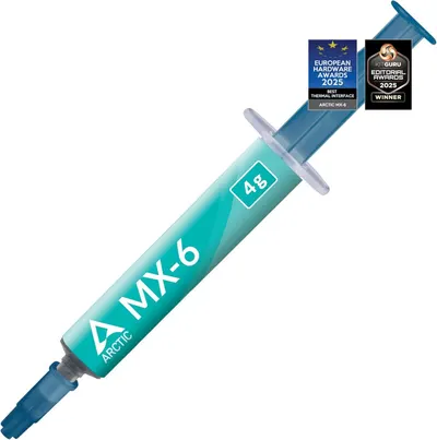 Displays the core product, a thermal paste syringe labeled MX-6 by Arctic, clearly showing the product design and branding to help shoppers identify what they are purchasing. Showcases award badges…