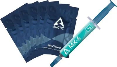 Shows the complete thermal paste application kit including the MX-6 thermal compound syringe and MX Cleaner wipes, communicating that this is a comprehensive solution for CPU/GPU thermal management.…