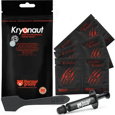 Shows the complete thermal grease kit including the main product pouch, thermal paste syringe, application spatula, and cleaning/finishing wipes to communicate everything included in the purchase.…