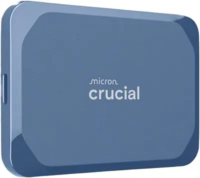 Displays the Crucial external SSD in a clean catalog-style presentation to show the product design and branding clearly to shoppers.