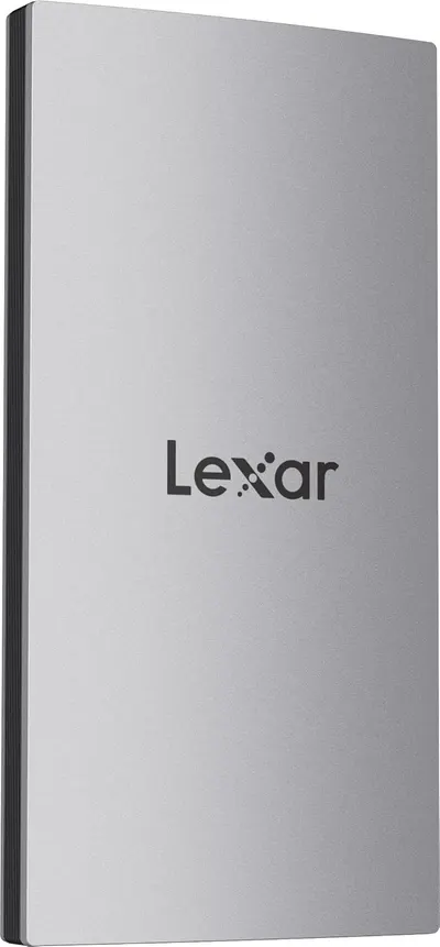 Displays the Lexar external drive in a clean, catalog-style presentation to showcase its slim, premium metal construction and brand identity.