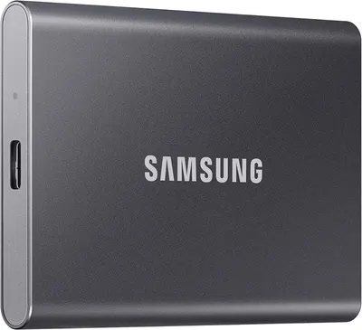 Displays the Samsung portable SSD as the core product in a clean catalog style, emphasizing its sleek metal design and compact form factor to communicate quality and portability. Uses a subtle…