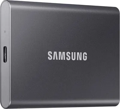 Shows the Samsung external SSD drive in a clean catalog presentation to communicate the product's compact, professional design and brand quality.