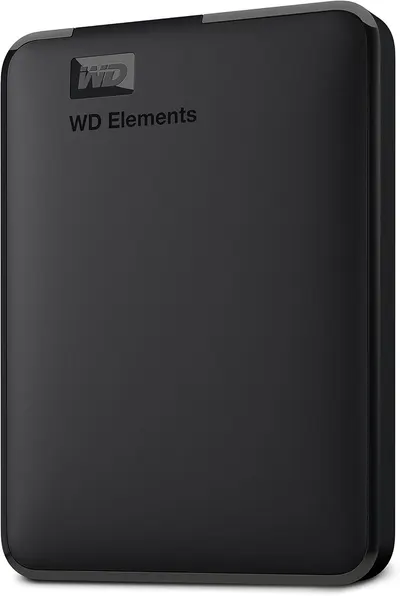 Displays the WD Elements external hard drive in a clean catalog style to show the product design and branding clearly to shoppers.