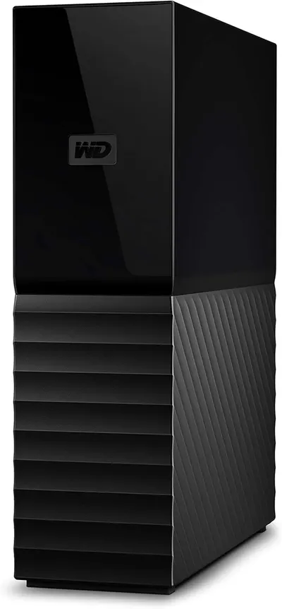 Displays the WD external hard drive in a clean catalog style to show the product design, branding, and physical appearance including the distinctive textured base and glossy top.