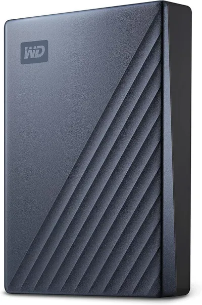 Displays the external hard drive as the core product with its distinctive diagonal textured pattern and WD branding, allowing shoppers to see the physical design and size of the storage device.