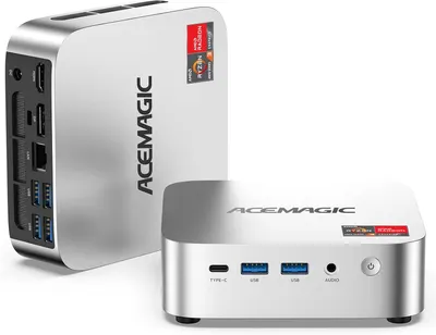 Displays the ACEMAGIC mini PC from multiple angles to show the compact design and comprehensive port selection, helping shoppers understand the product's physical form and connectivity options.…