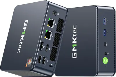 Shows the mini PC from multiple angles to communicate its compact form factor and extensive connectivity options including USB ports, Ethernet ports, and ventilation, reassuring buyers of its…