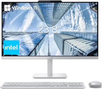 Shows the complete Lenovo all-in-one desktop computer with monitor, keyboard, and mouse to communicate the full product offering and key specifications like screen size and operating system.…