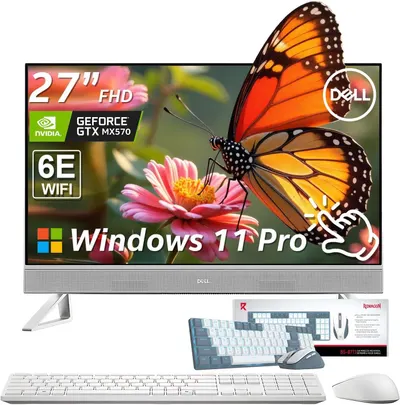 Shows the complete desktop computer system including the monitor displaying specifications, keyboard, and mouse to communicate what the buyer receives in the package. Uses multiple graphic overlays…
