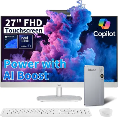Displays the complete desktop computer system including monitor, tower, keyboard, and mouse to show shoppers exactly what they will receive and communicate the key technical specifications and AI…