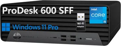 Displays the HP ProDesk 600 SFF desktop computer with key specifications (Windows 11 Pro, Intel Core i5) to inform shoppers about the product model and its core features. Shows that a Wi-Fi adapter…