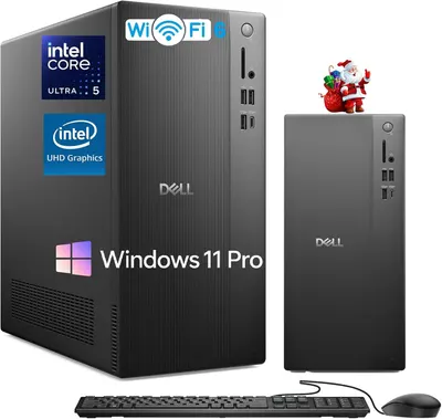 Displays the complete Dell desktop computer system including tower, mini PC, keyboard, and mouse to show shoppers exactly what they will receive in their purchase. Uses graphic overlays including…
