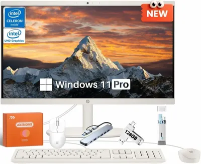 Displays the complete desktop computer system with monitor, keyboard, mouse, and included accessories to show shoppers everything they receive in the purchase. Showcases all the bonus accessories…