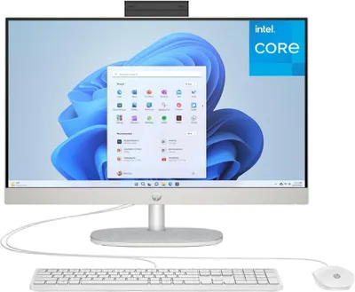 Shows the complete desktop computer system including the monitor displaying Windows 11 interface, keyboard, and mouse to communicate what the buyer receives as a complete workstation setup.