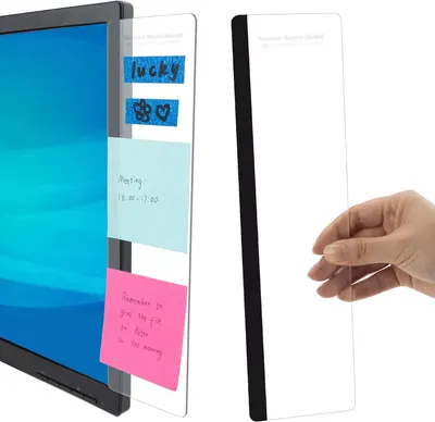 Shows the core product—a transparent acrylic memo board that attaches to a computer monitor—demonstrating its primary use for organizing sticky notes and reminders in a workspace. Demonstrates how…