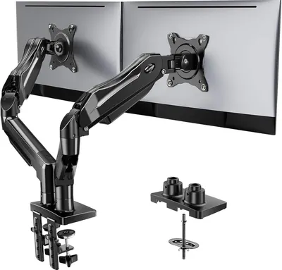 Shows the core product, a dual monitor arm mount with articulating arms, demonstrating its ability to hold two monitors with flexible positioning and multiple mounting options. Displays the included…