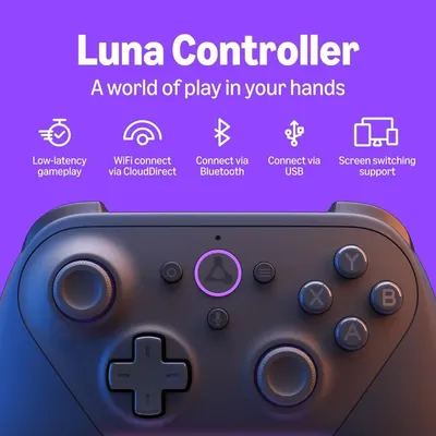 Showcases the Luna Controller as the core product while highlighting its key technical features including low-latency gameplay, WiFi CloudDirect connection, Bluetooth connectivity, USB connection,…