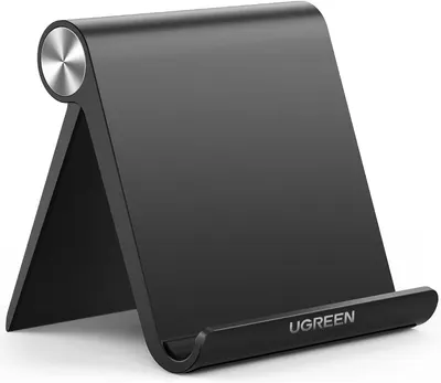 Displays the core product, a sleek adjustable phone or tablet stand, showcasing its modern design and quality construction to communicate value and functionality. Uses a gradient background…