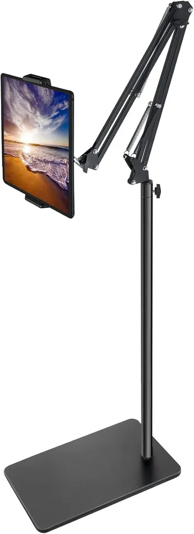 Shows the core product—a floor-standing tablet mount with an adjustable articulating arm—to communicate its design, structure, and how it holds a tablet in position. Demonstrates the product's key…