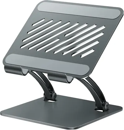Shows the core product—an adjustable laptop stand with ventilation slots—to communicate its ergonomic design and cooling functionality. Demonstrates the stand's adjustable hinge mechanism and…