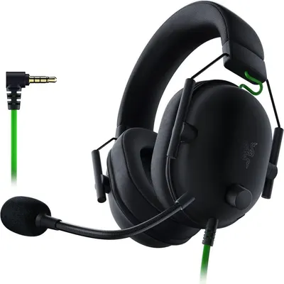 Displays the core gaming headset product with its attached microphone and cable, showing the complete item the shopper will receive in a clean catalog presentation. Shows the included audio cable…