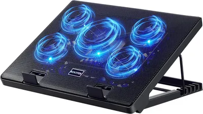 Displays the core product, a laptop cooling pad with five illuminated blue LED fans, showing its design and cooling capability to reassure shoppers of its functionality. Demonstrates the product in…
