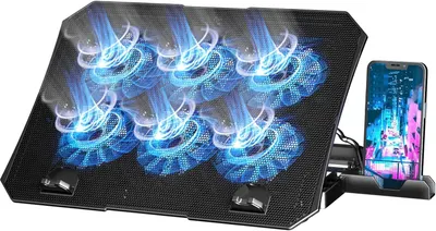 Shows the core product—a laptop cooling pad with illuminated blue LED fans and an integrated phone stand—to communicate its cooling functionality and multi-device support. Uses glowing blue light…
