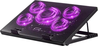 Shows the laptop cooling pad with illuminated purple LED fans to communicate its cooling capability and gaming aesthetic appeal. Demonstrates the product in its functional state with fans visibly…