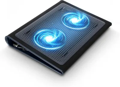 Shows the laptop cooling pad with its dual-fan design clearly visible, communicating the core product and its cooling capability to shoppers. Uses glowing blue spiral effects overlaid on the fans to…
