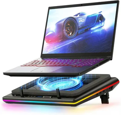 Shows the core product, a laptop cooling stand with RGB lighting and cooling fan display, demonstrating its design and compatibility with gaming laptops. Uses added visual effects including glowing…