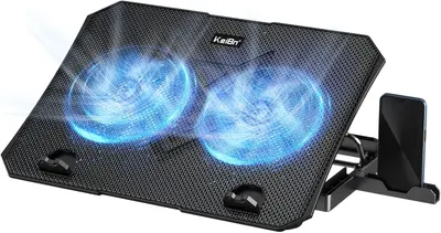 Shows the core laptop cooling pad product with its prominent dual-fan design and blue LED lighting to communicate its cooling capability and aesthetic appeal. Demonstrates the product actively…