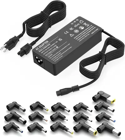 Shows the complete AC adapter product with all included connector tips to communicate compatibility with multiple devices and provide a clear view of what the buyer receives. Displays the variety of…