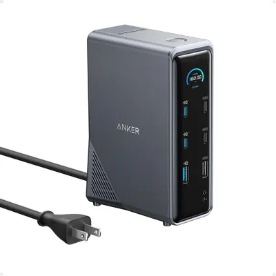 Shows the core Anker charging station product with its multiple USB ports and digital power display to communicate its multi-device charging capability and power output monitoring.
