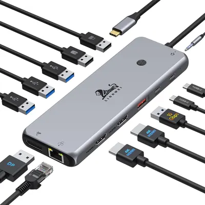 Displays the core product, a USB hub with various ports (USB-A, USB-C, HDMI, DisplayPort, Ethernet, audio jack), along with all compatible cables to show connectivity versatility and compatibility.…